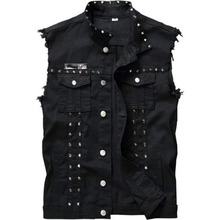 Men's Punk Rock Gothic Distressed Denim Vest Ripped Hem Edgy Sleeveless Jean Vest With Rivets Unleash Your Rebellious Spirit With This Punk Studded Denim Vest. Crafted For Those Who Dare To Defy Convention, This Sleeveless Jean Vest Exudes Edgy Attitude With Its Ripped And Distressed Detailing. Adorned With Metal Studs, It Adds A Touch Of Punk Rock Flair To Any Outfit. Perfect For Layering Over Band Tees Or Pairing With Leather Jackets, This Vest Is A Must-Have For Every Rocker's Wardrobe. Embra Steampunk Street, Punk Denim, Fitted Jean Jacket, Sleeveless Jean Jackets, Cowgirl Outfit, Black Punks, Aesthetic Grunge Outfit, Studded Denim, Streetwear Grunge