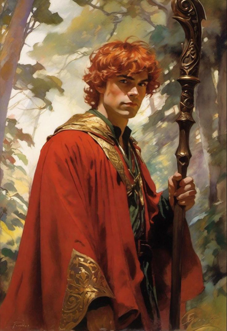 a painting of a man with red hair holding a staff