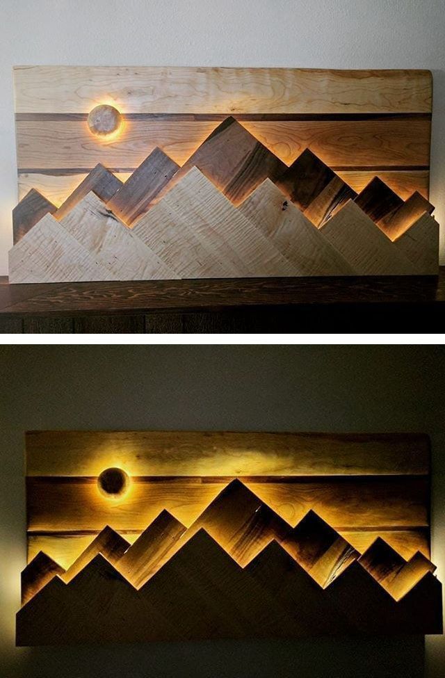 two pictures with some lights on them and one is made out of wooden planks