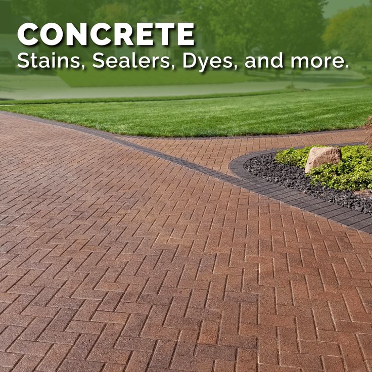 a brick driveway with landscaping and trees in the background that says concrete stains, sealers, dyes, and more