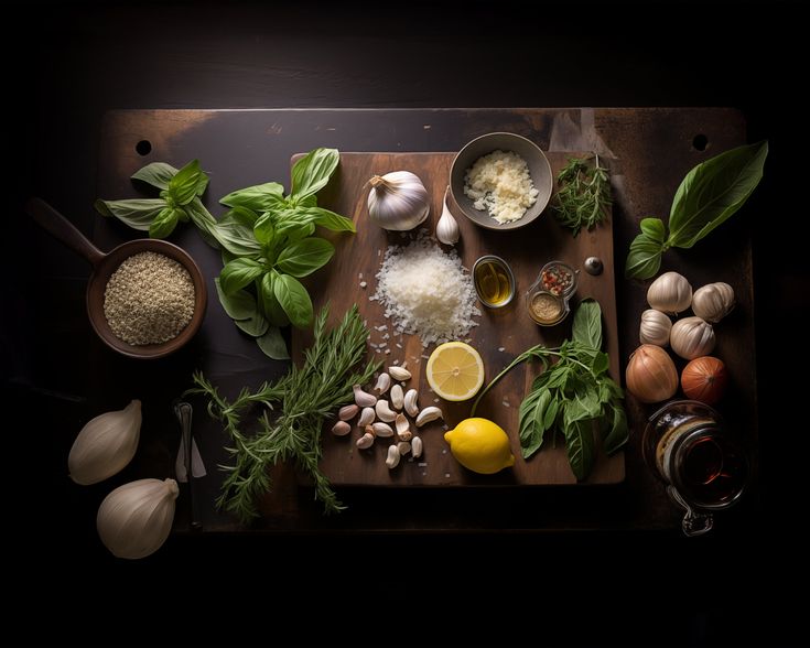 an overhead view of various ingredients on a cutting board, including garlic, lemons, basil, and garlic oil