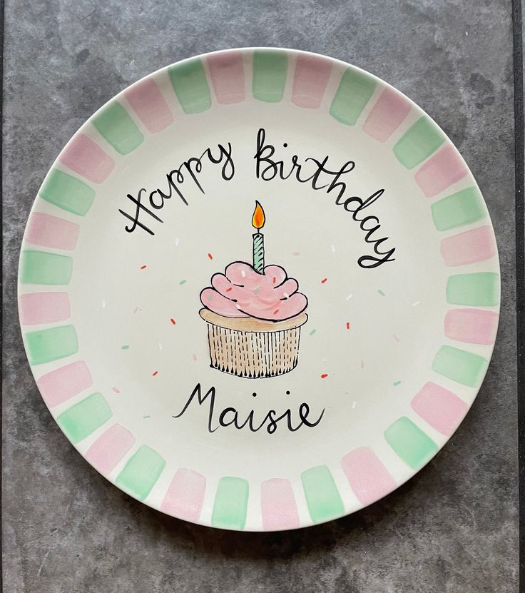 a happy birthday plate with a cupcake design on the front, and a candle in the middle