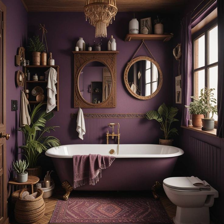 a bathroom with purple walls and a white bathtub in the middle, surrounded by potted plants