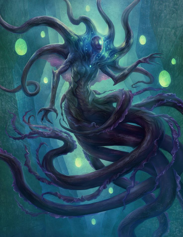 an illustration of a woman with tentacles in her hands and glowing orbs around her