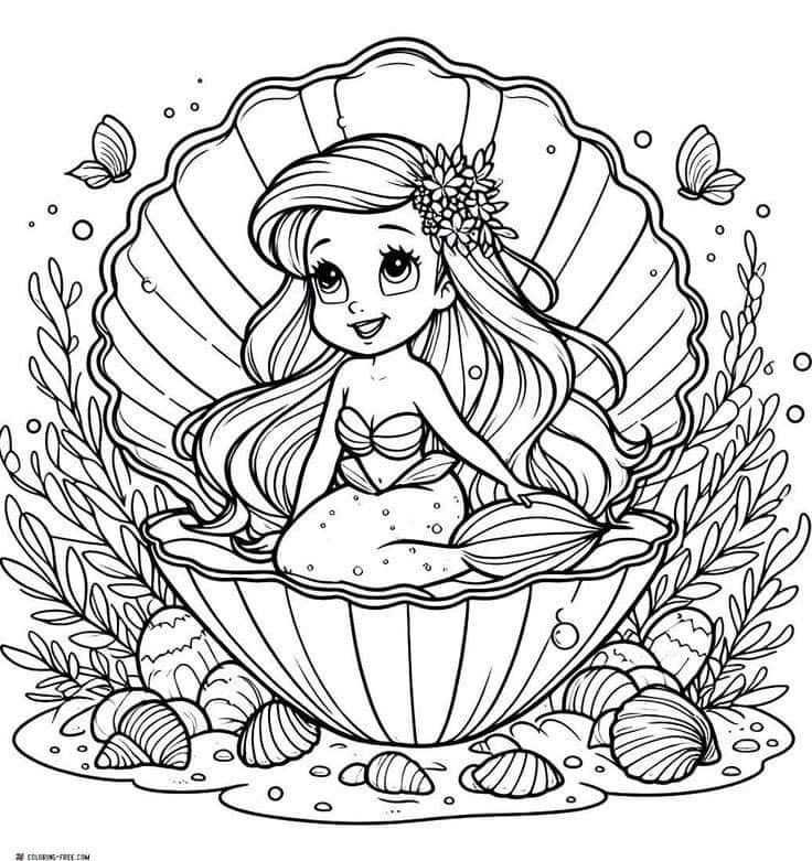 the little mermaid sits on an ocean shell