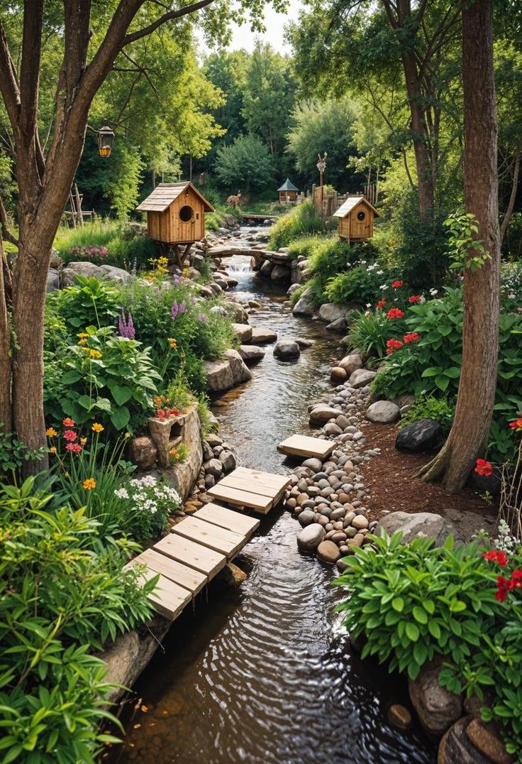 a stream running through a lush green forest filled with trees and flowers next to small houses