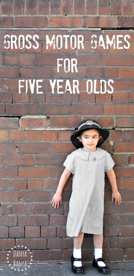 a young boy standing in front of a brick wall with the words gross motor games for five year olds