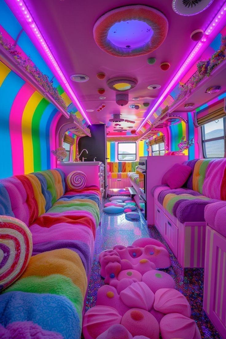 the interior of a brightly colored bus with couches and rugs on the floor