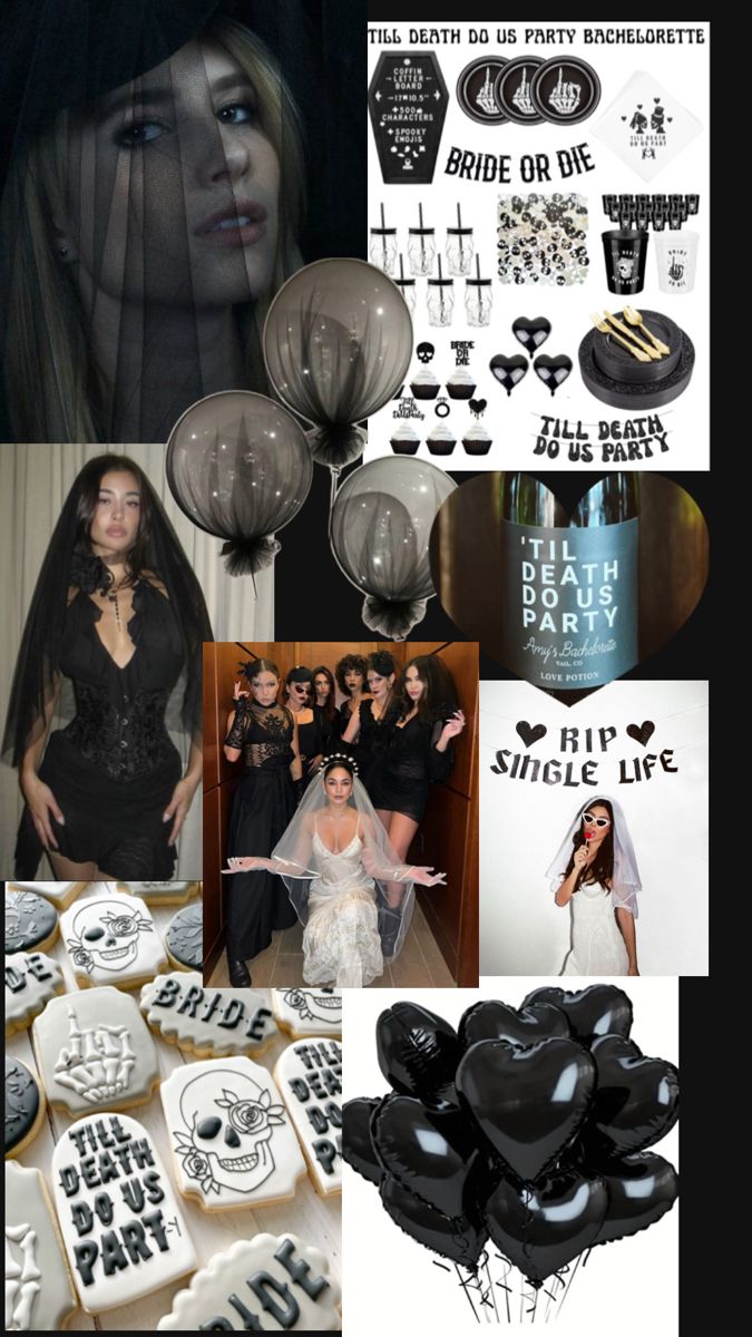 a collage of black and white pictures with balloons, cake, hats, and other items