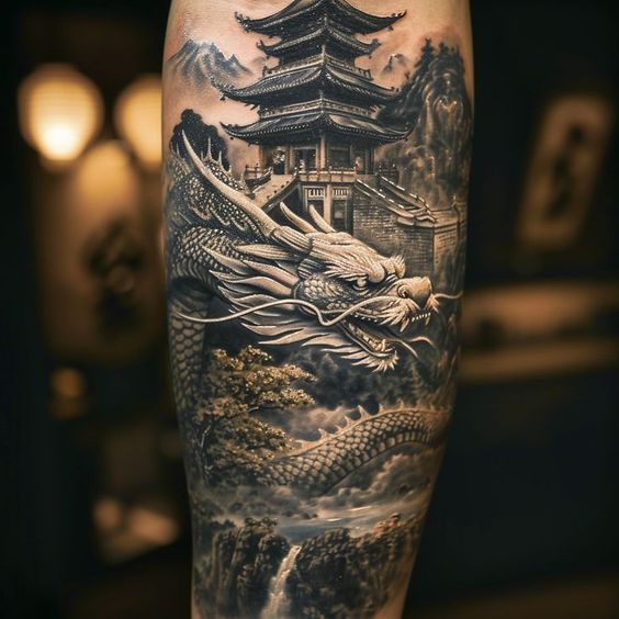 a man's leg with a dragon and pagoda tattoo on the side of his leg