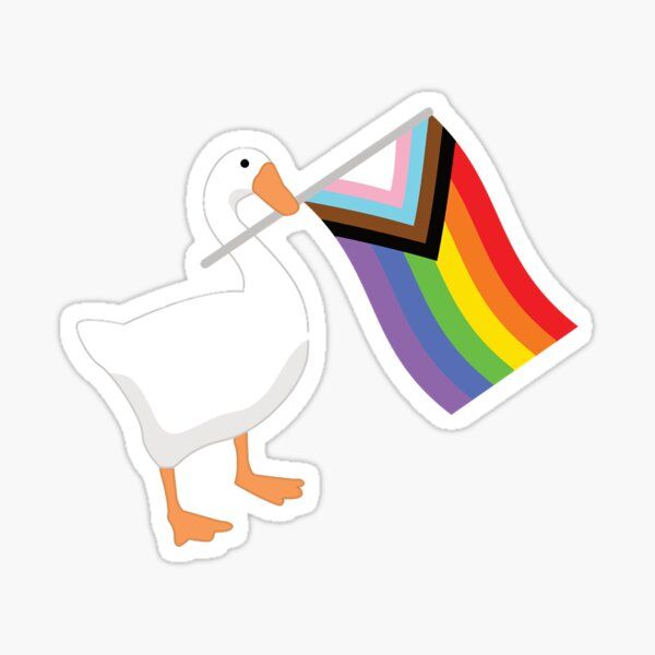 a duck with a rainbow flag sticking out of it's beak sticker on a white background