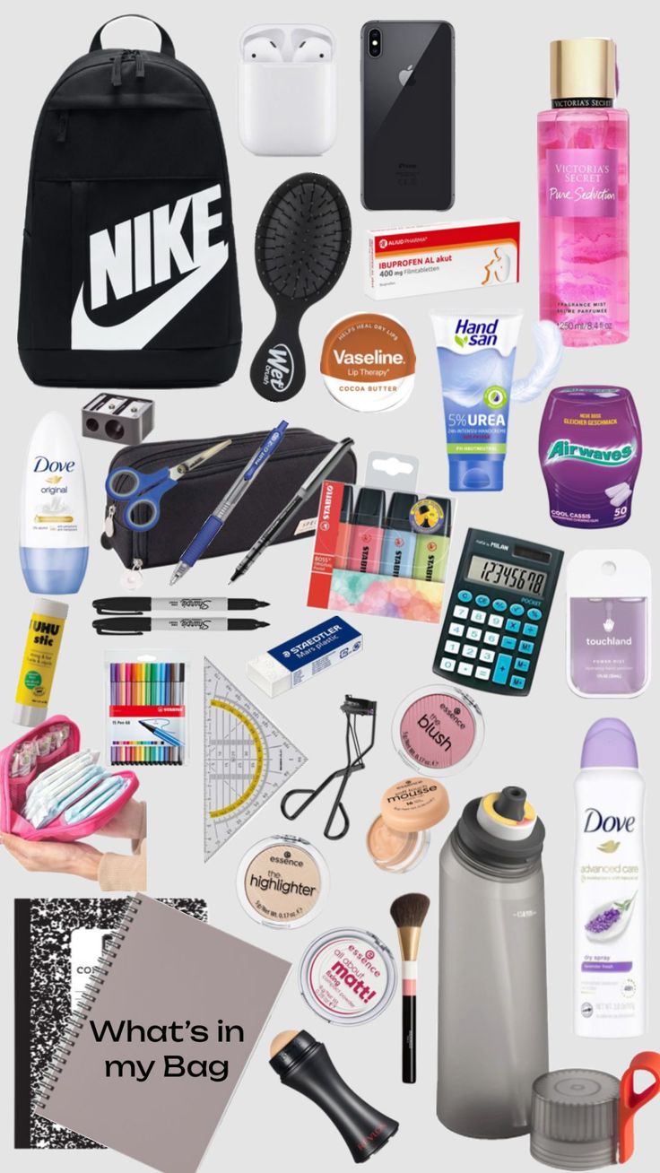 an assortment of personal care items displayed on a white background with the words what's in my bag?