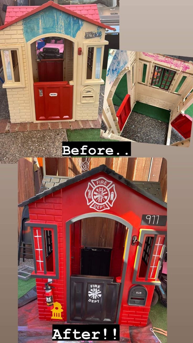 the before and after photos of a fire station play house