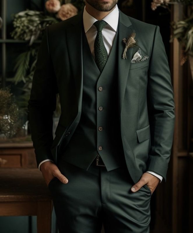 a man wearing a suit and tie standing in front of a wooden table with flowers