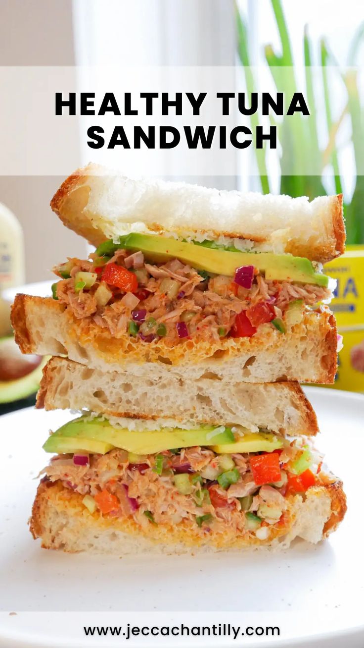 two sandwiches stacked on top of each other with the words healthy tuna sandwich above them