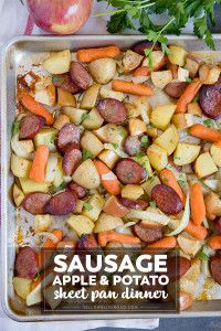 sausage, apple and potato sheet pan dinner is ready to be eaten in the oven