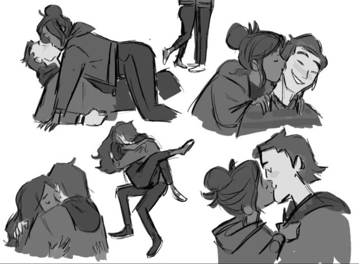 some sketches of people hugging and kissing each other in different poses, with one person holding the