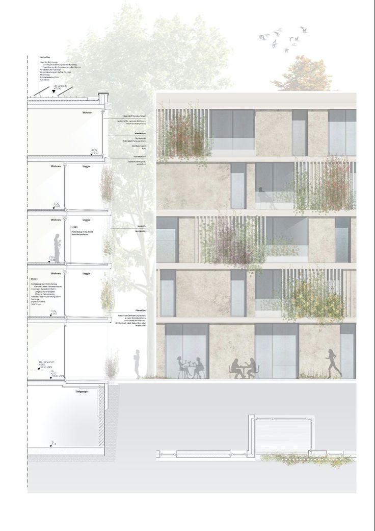 an architectural drawing of a building with several balconies and plants growing on it