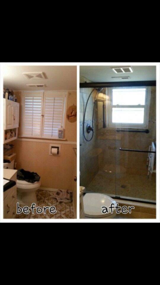 before and after photos of a bathroom remodel with glass shower doors, toilet seat cover, sink countertop, and window