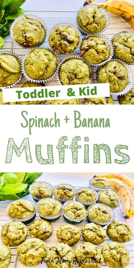 toddler and kid spinach banana muffins with text overlay that reads toddler and kid spinach banana muffins