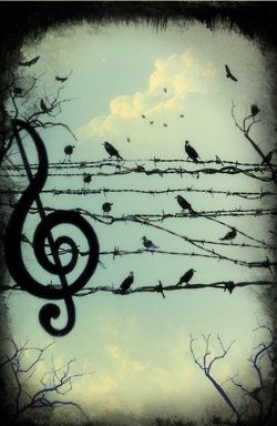 a treble with birds sitting on it in front of a cloudy sky and trees