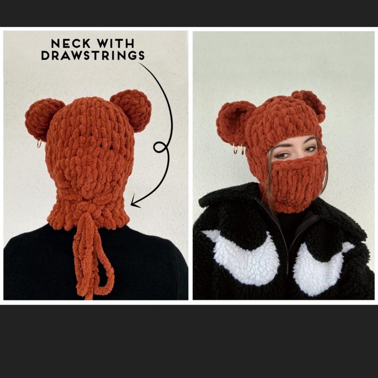 two pictures of a woman wearing a knitted bear hat and scarf with the words neck with drawstrings written below