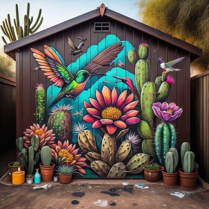 a colorful mural on the side of a building with cactus and hummingbirds painted on it