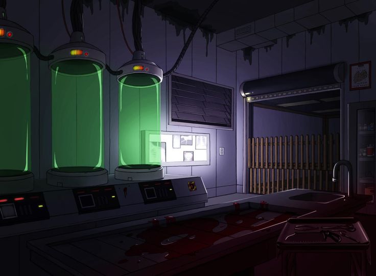 a room filled with lots of green tanks next to a red counter and some lights