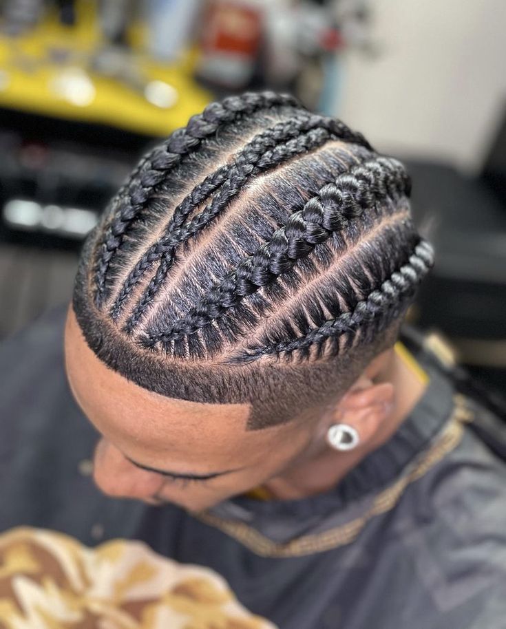 Men Braids Hairstyles Full Head Short, Men’s Cornrows Designs, Cornrow With Fade, Cornrows With Line Up Men, Hightop Fade Cornrows Men, Beginner Braids For Men, Design Cornrows Braids Men, Drop Fade Cornrows, Braided Hairstyles For Men Cornrows