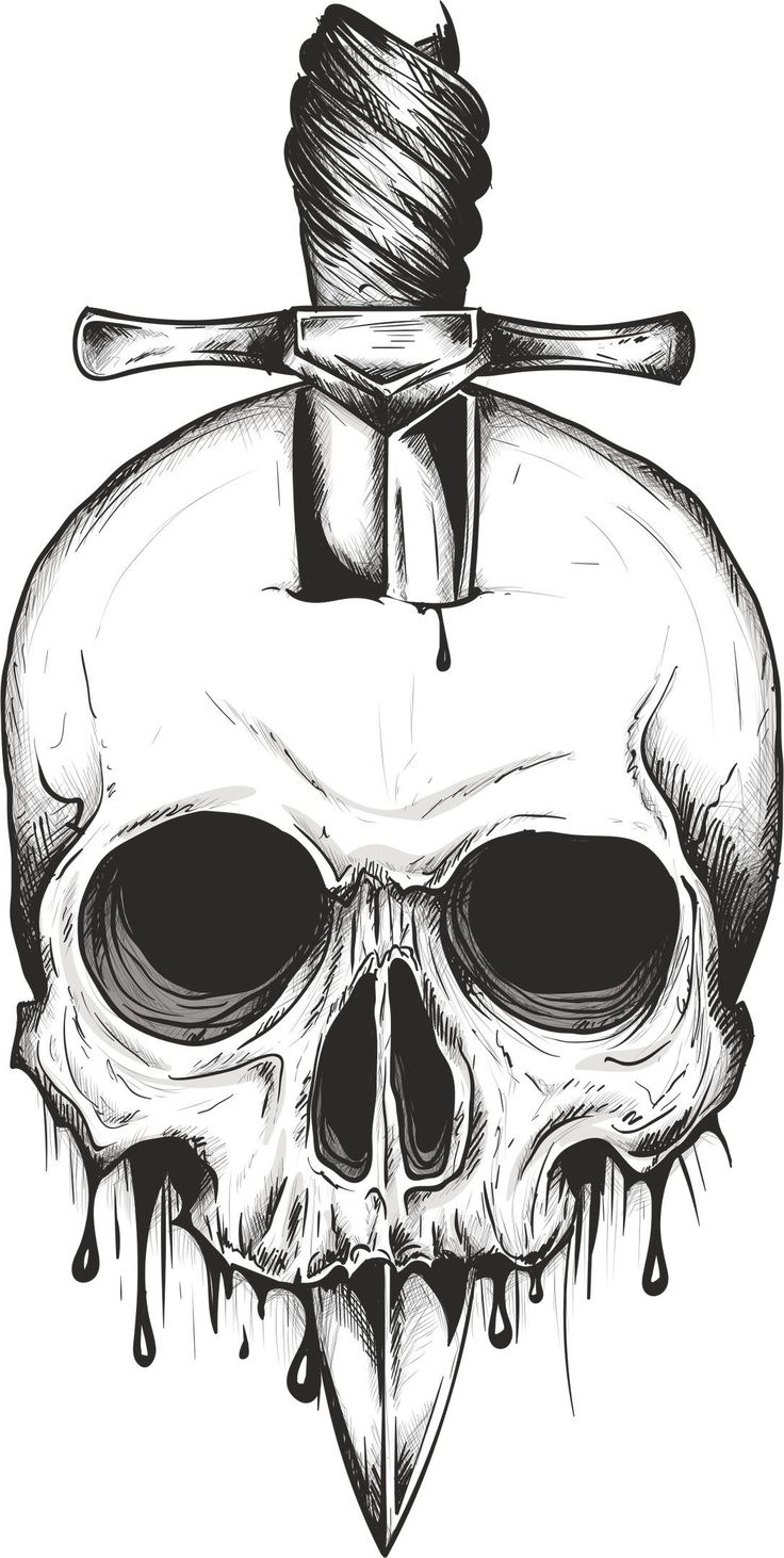 a drawing of a skull with a knife on it's head and dripping blood