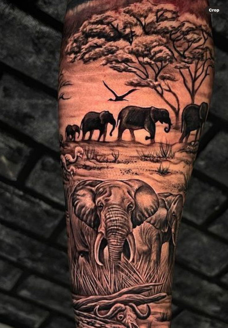 an arm with elephants and birds on it