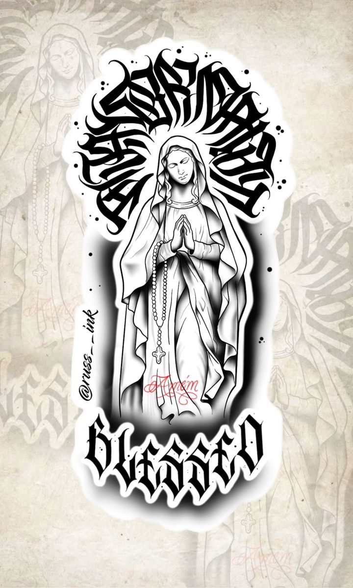 an image of the virgin mary tattoo design on a white paper with black ink and red ink