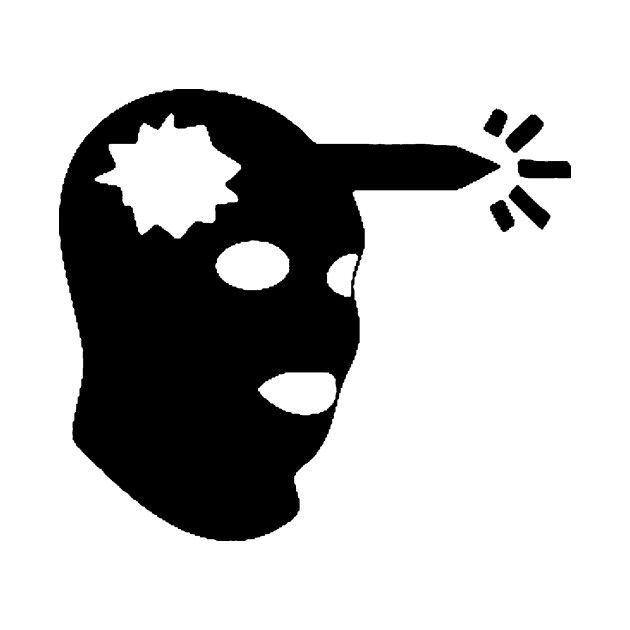 a black and white silhouette of a mask with horns on it's head that has stars coming out of its ears