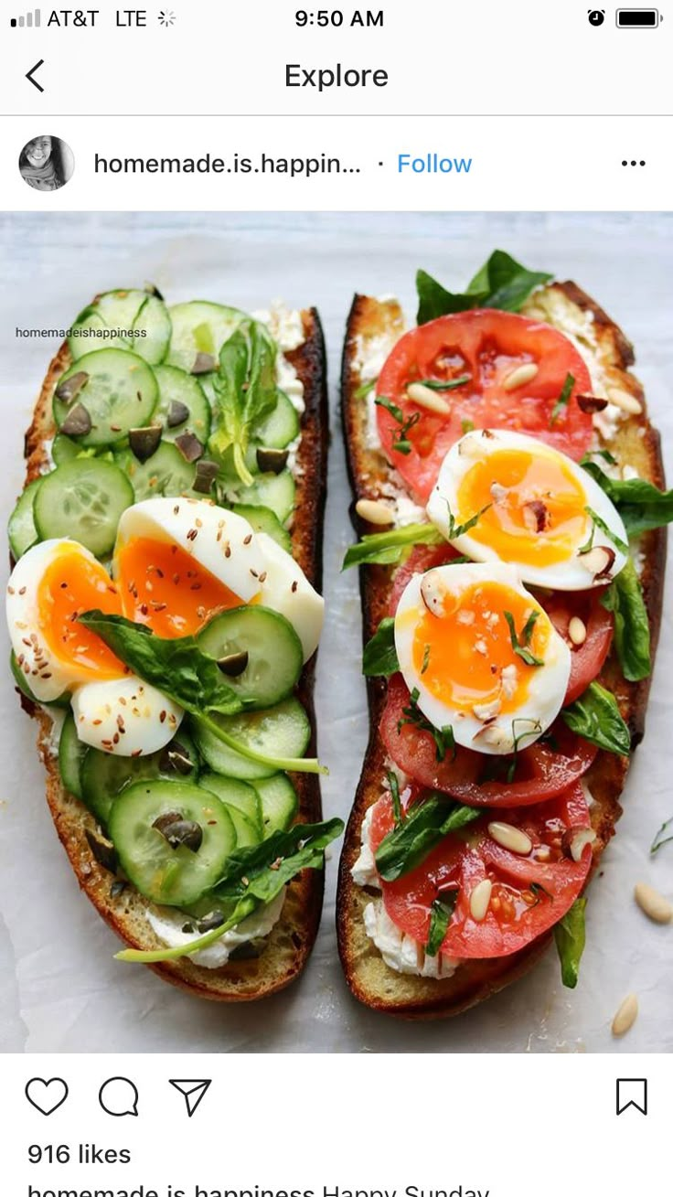 two toasted breads topped with veggies and hard boiled eggs on top