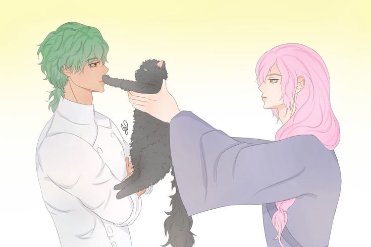 a man holding a black cat next to a woman with pink hair and green hair