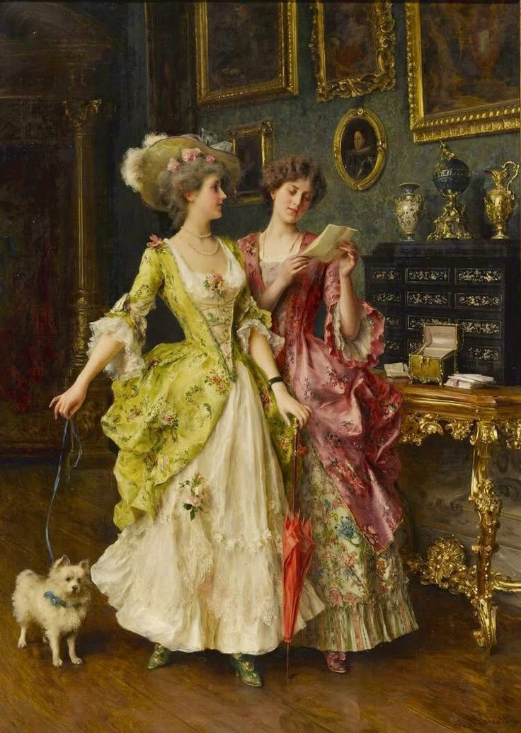 two women in dresses standing next to each other with a small dog on a leash