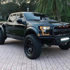 a large black truck parked on top of a brick road next to a palm tree