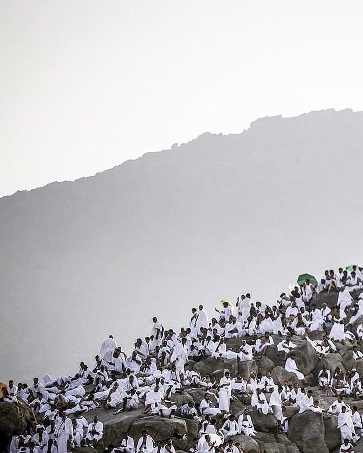 a large group of people standing on top of a rocky hill next to a mountain