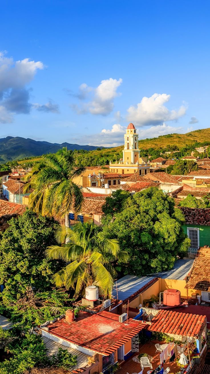 an aerial view of buildings and trees with mountains in the background