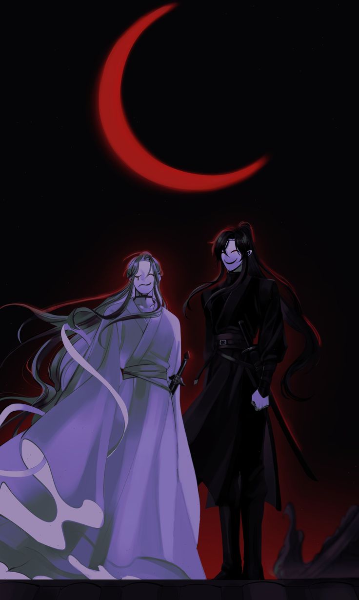 two people standing next to each other in front of a red moon and black background