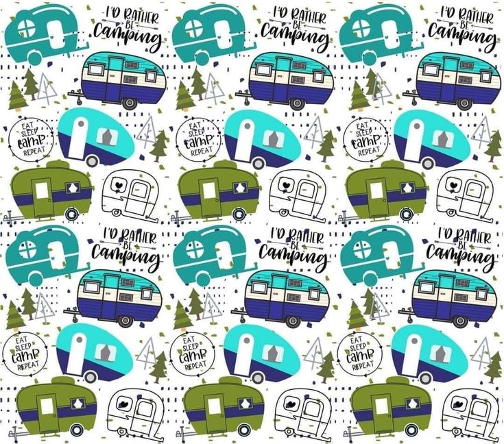 a pattern with campers and trees in the background that says, camping is coming