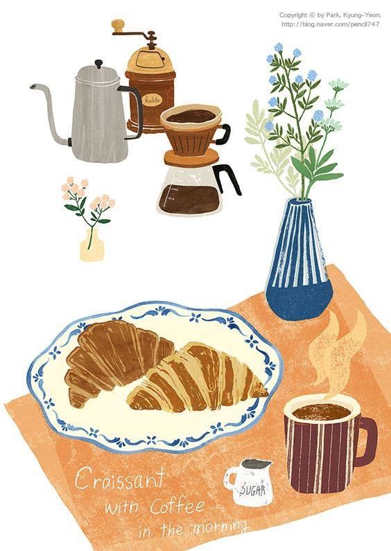 an illustration of croissants with coffee in the morning