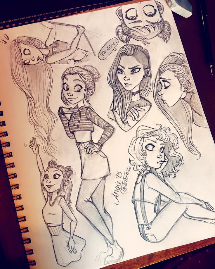 a drawing of some girls with different hair styles and body shapes on them, all drawn in pencil