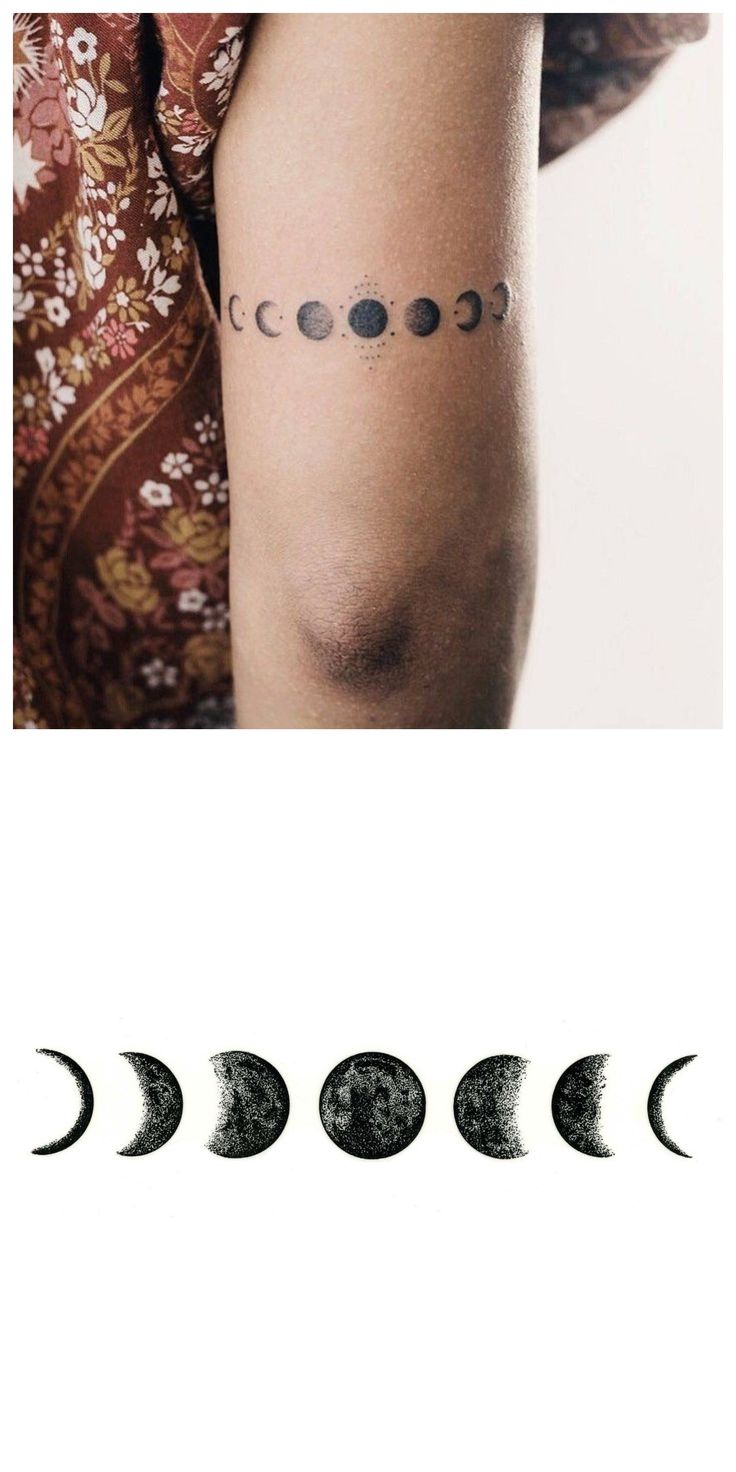 a woman's arm with phases on it and an image of the moon behind her