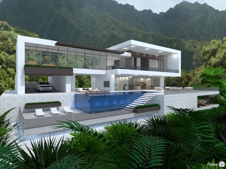 an artist's rendering of a modern house with pool and mountains in the background