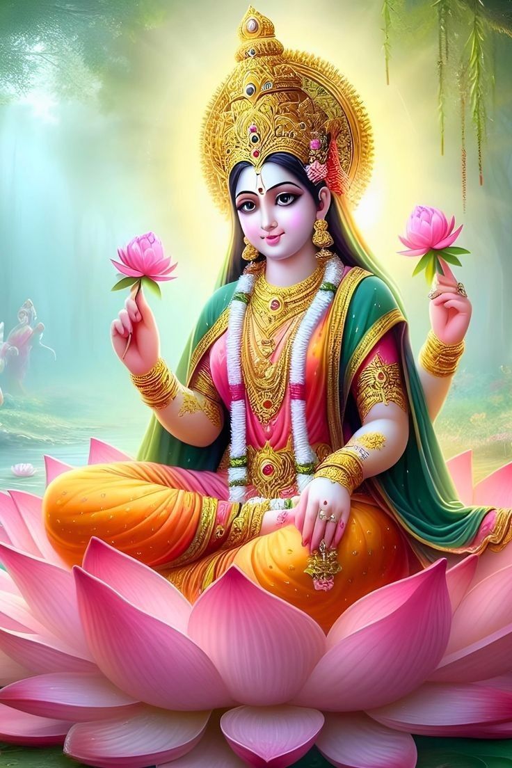 the hindu god sitting on top of a pink flower in front of a green background