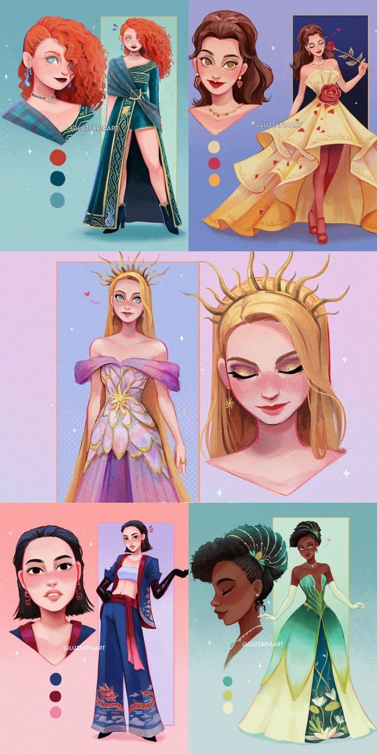 the disney princesses are all dressed up in different outfits and hair styles, but one is