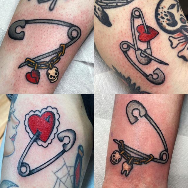 four different tattoos on the legs of people with scissors and heart shaped objects in them