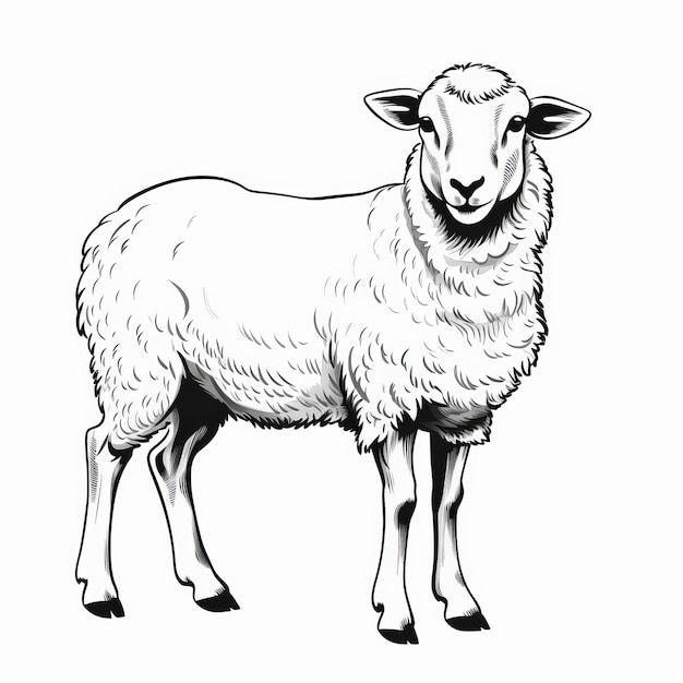 a black and white drawing of a sheep on a white background, with the head turned to the side