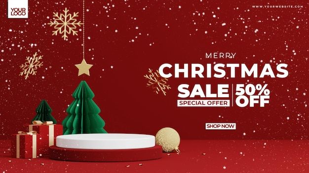 merry christmas sale 50 % off special offer with tree, presents and snowflakes